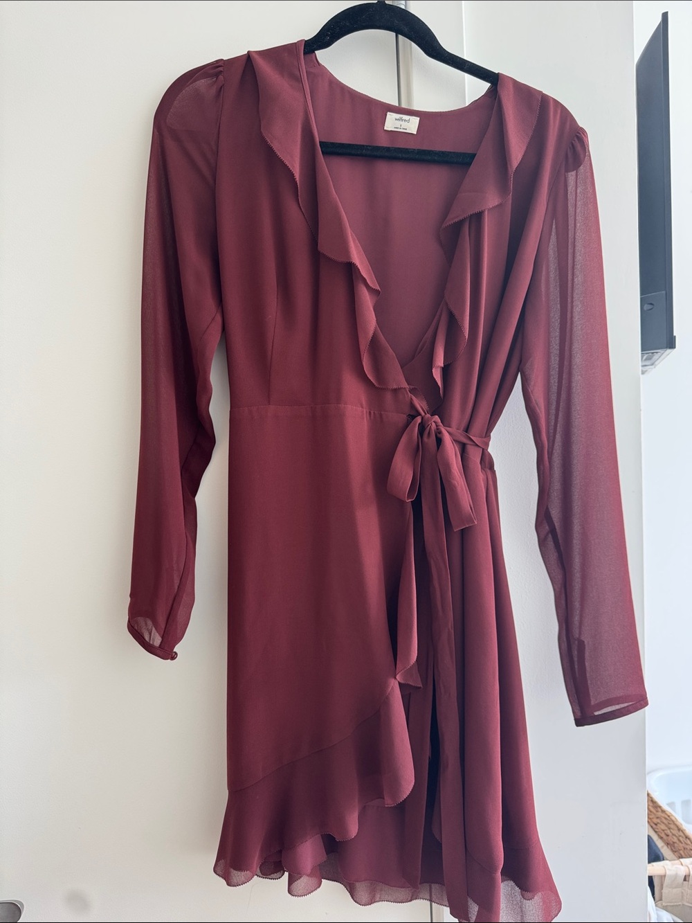 Aritzia Wilfred Women’s Wrap Dress with Ruffle Trim - Burgundy